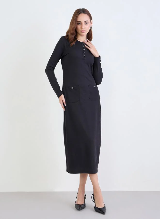 Styli Styli Black Ribbed Long Sleeve Midi Dress