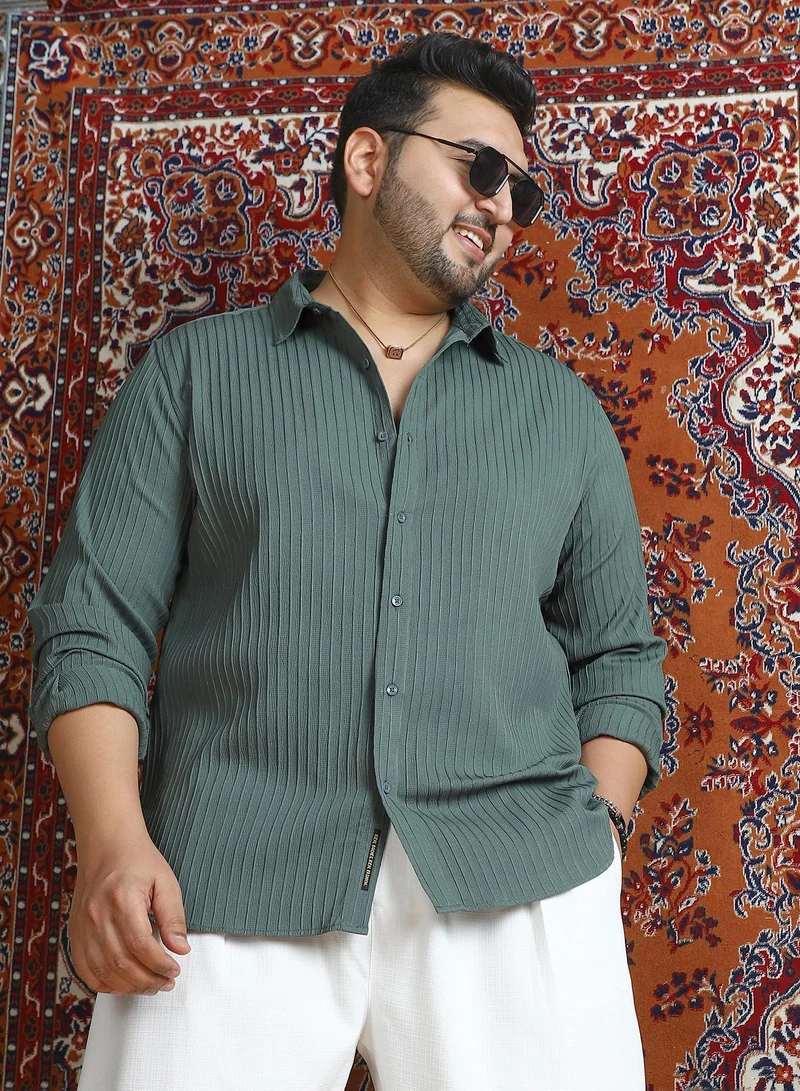 انستافاب بلس قميص رجالي مقاس كبير بنقوش خطوط خضراء زمردية ملمسية للارتداء الكاجوال بياقة واسعة وأكمام طويلة بأزرار