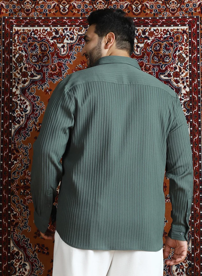 Instafab Plus  Instafab Plus Men's Emerald Green Pinstripe-Tactile Shirt For Casual Wear | Spread Collar | Long Cuffed Sleeves | Button Closure | Plus Size Shirt Crafted With Comfort Fit For Everyday Wear for Men | Best Price UAE