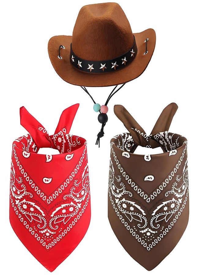 Mikayoo Dog Cowboy Hat and Bandana Scarfs - Pet Western Cowboy Halloween Costumes for Dogs Cats, 1 Set of 3 (Brown and Red,S) - Image 1