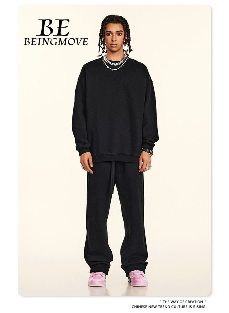 بى طقم هودي جديد من ماركة أمريكية عصرية، إصدار 2025، قطعتان: هودي بأكمام طويلة مبطن بالفرو، بياقة دائرية، وبنطال رياضي بقصة مستقيمة، مناسب للجنسين (أسود). - Image 1