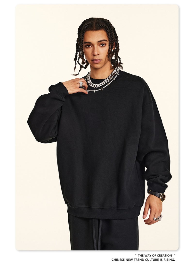 بى طقم هودي جديد من ماركة أمريكية عصرية، إصدار 2025، قطعتان: هودي بأكمام طويلة مبطن بالفرو، بياقة دائرية، وبنطال رياضي بقصة مستقيمة، مناسب للجنسين (أسود). - Image 4