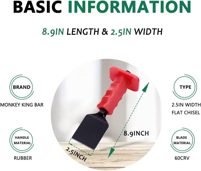 Monkey King Bar -8.9IN by 2.5IN Width Flat Masons Chisel/Demolishing/Masonry/Carving/Concrete Breaker Chisels with Hand Guard with Hand Guard - Image 2