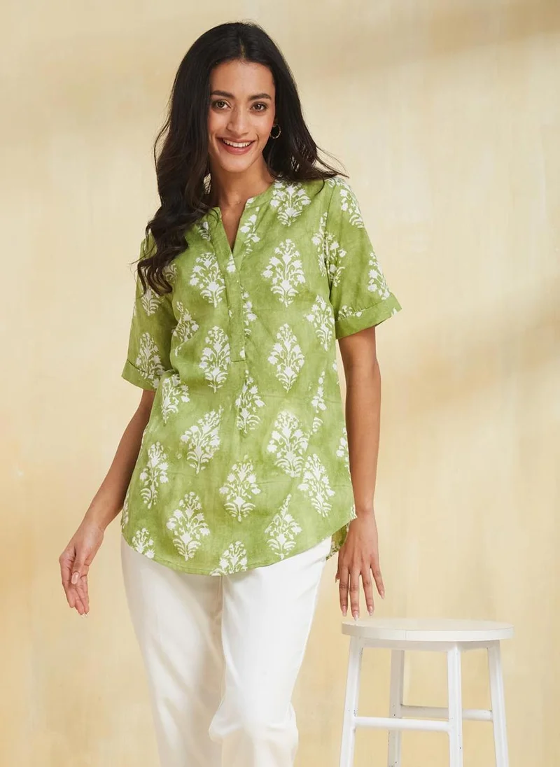 Fabindia Green Cotton Hand Block Printed Tunic