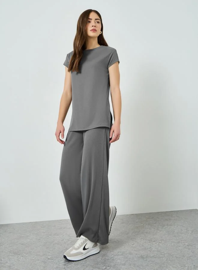 Styli Grey Ribbed T-Shirt with Side Slit