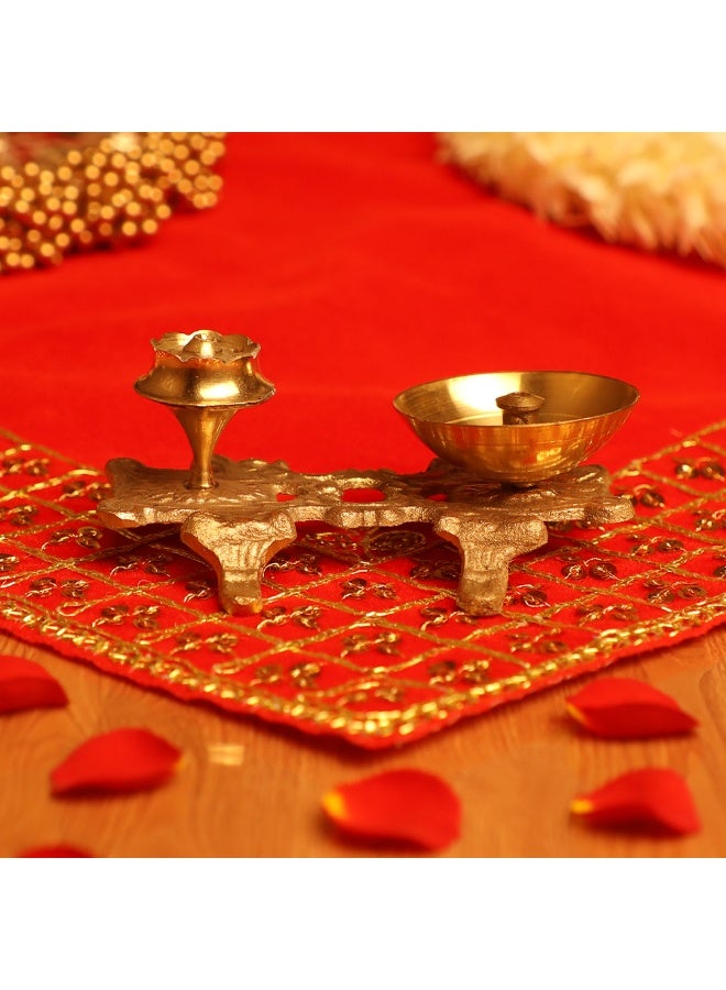 Madhoor مجموعة بوجا من النحاس مع حامل البخور 2 بوصة - Image 1
