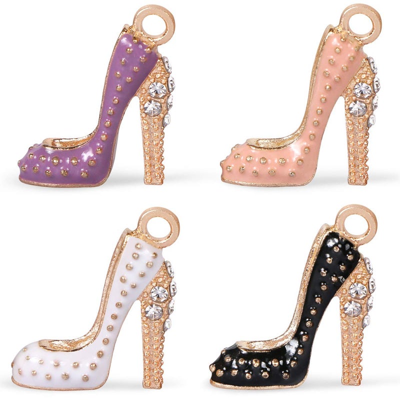 KISSBUTY 16 PCS High Heel Shoe Charms 4 Colors Enamel Fashion High Heel Shoe Charms Pendants High Heel Shoe with Rhinestone Keychain Necklace Beads for Women DIY Jewelry Making Crafting