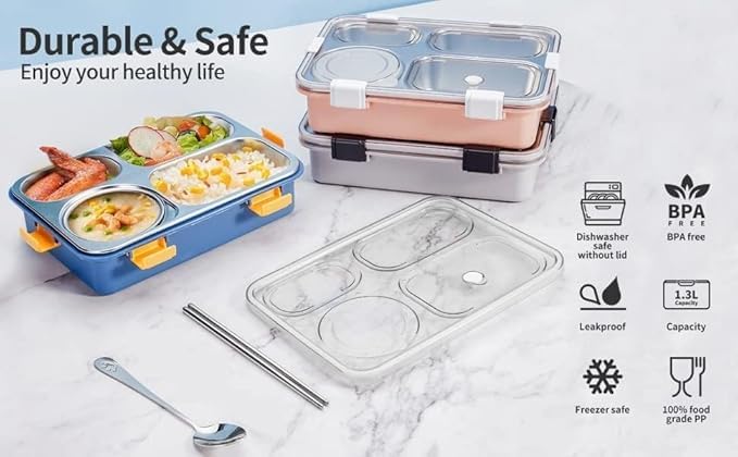 Zerolex 4 Compartment Stainless Steel Lunch Box with Spoon and Chopsticks BPAFree Bento Box for Adults and Kids Perfect for OnTheGo Meal Office School Colleges 4 Compartment - Image 5