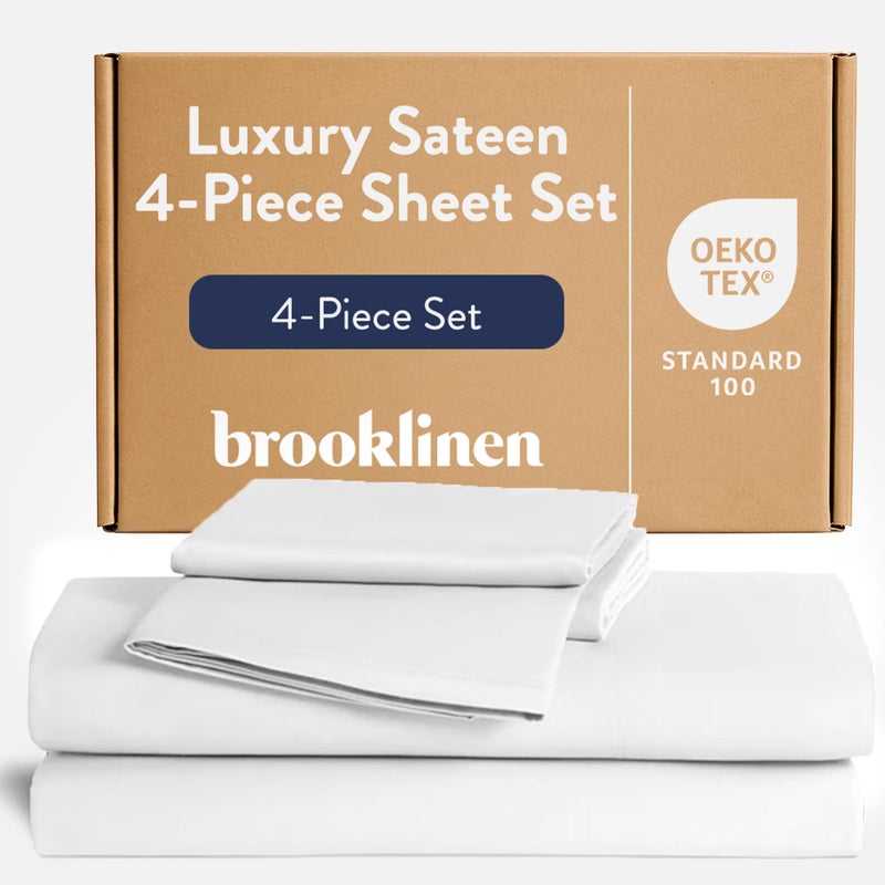 Brooklinen Luxury Sateen 4 Piece Sheet Set 100 Cotton Bed Sheets Soft Durable Piece King Size Sheets Set in White OekoTEX Certified Bedding Set 1 Fitted Sheet 1 Flat Sheet 2 Pillowcases