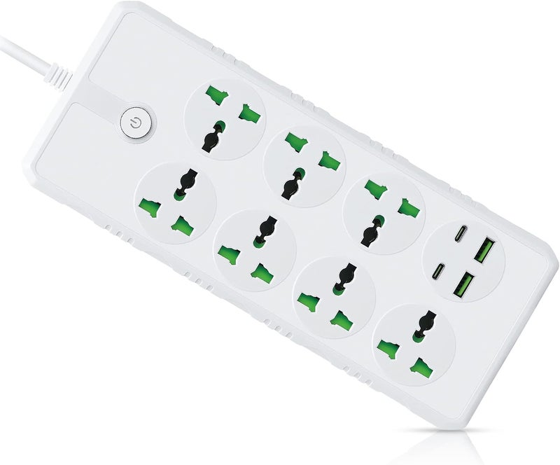 ELONSEY 5 Meter Universal Power Extension Cord with USB C, Power Strip with 7 Power Sockets and 2 USB Slots, Extension Lead with 2 USB C Charging Ports - White - Image 1