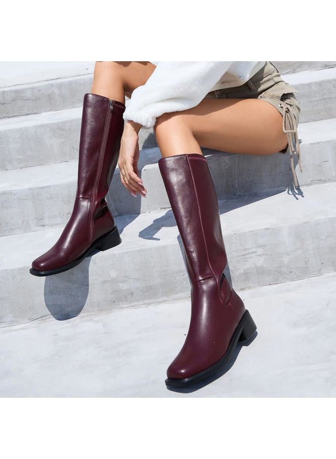 QIY Women's Knee-High Boots Heel Fall Boots for Women 2024 Burgundy Riding Below Knee Boots Square Toe Chunky Heeled Tall Long Leather Boots 9, 40 EU - Image 2