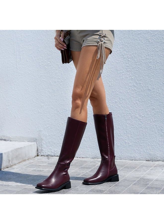 QIY Women's Knee-High Boots Heel Fall Boots for Women 2024 Burgundy Riding Below Knee Boots Square Toe Chunky Heeled Tall Long Leather Boots 9, 40 EU - Image 3