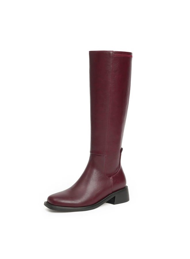 QIY Women's Knee-High Boots Heel Fall Boots for Women 2024 Burgundy Riding Below Knee Boots Square Toe Chunky Heeled Tall Long Leather Boots 9, 40 EU - Image 1
