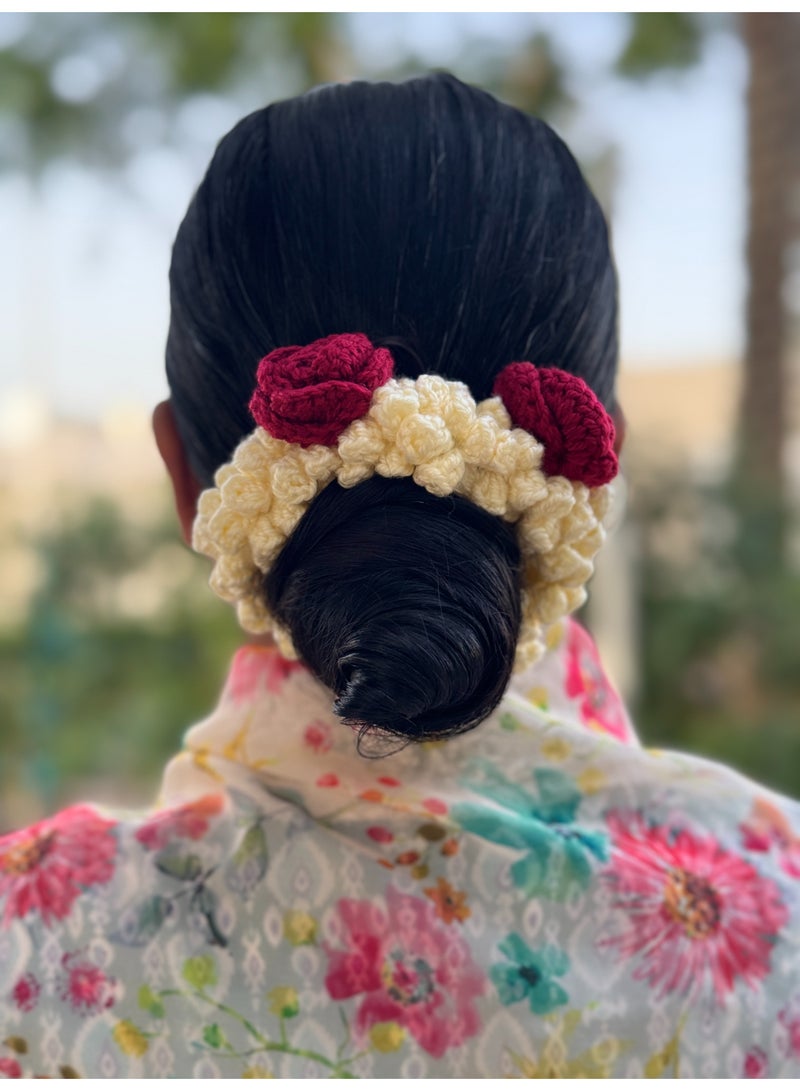 HerTouch Creations Handcrafted Crochet Jasmine and Maroon Rose Flower Hair Gajra Bun Accessory for Women and Girls - Image 1