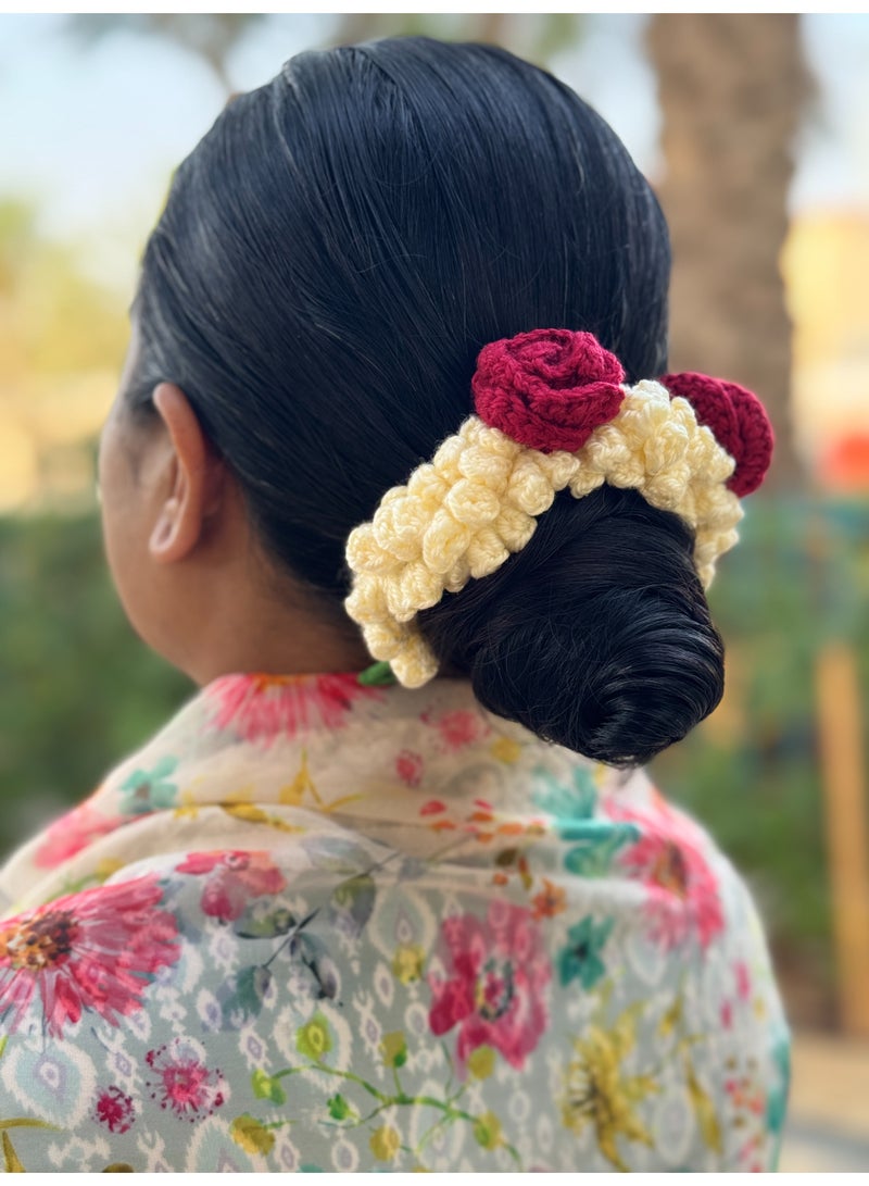 HerTouch Creations Handcrafted Crochet Jasmine and Maroon Rose Flower Hair Gajra Bun Accessory for Women and Girls - Image 3