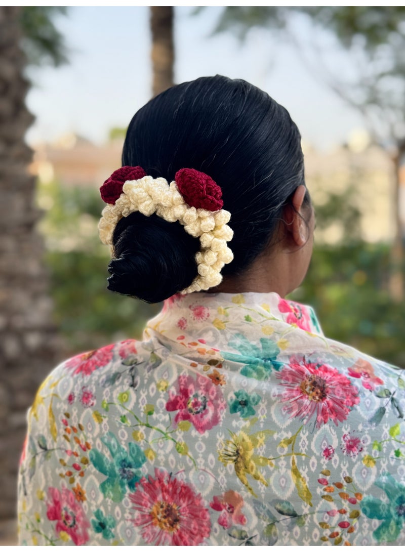 HerTouch Creations Handcrafted Crochet Jasmine and Maroon Rose Flower Hair Gajra Bun Accessory for Women and Girls - Image 4