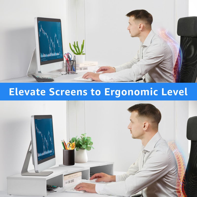 La Jaco Dual Monitor Stand Riser for 2 Monitors, Monitor Stand for Desk, Adjustable Length & Swivel Angle Wooden Desktop Organizer Stand Riser with Smartphone Holder for PC Monitor Laptop, White - Image 4