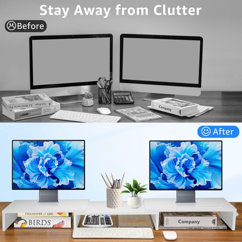 La Jaco Dual Monitor Stand Riser for 2 Monitors, Monitor Stand for Desk, Adjustable Length & Swivel Angle Wooden Desktop Organizer Stand Riser with Smartphone Holder for PC Monitor Laptop, White - Image 2