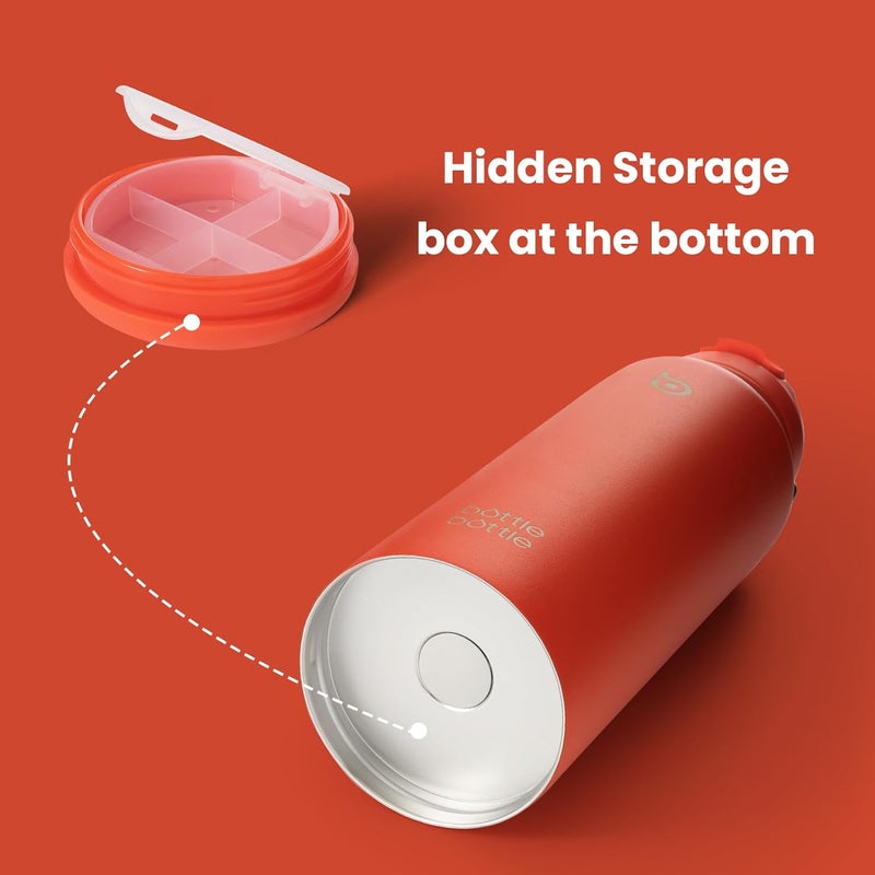 bottle bottle زجاجة زجاجة 40 أوقية زجاجة ماء رياضية من الفولاذ المقاوم للصدأ مع عازل زجاجة ماء مع قشة وحامل حبوب (برتقالي محمر) - Image 2