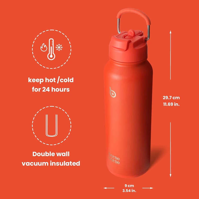 bottle bottle زجاجة زجاجة 40 أوقية زجاجة ماء رياضية من الفولاذ المقاوم للصدأ مع عازل زجاجة ماء مع قشة وحامل حبوب (برتقالي محمر) - Image 5