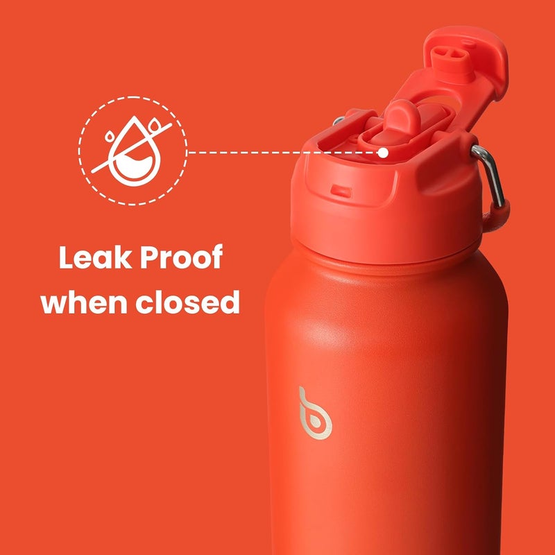 bottle bottle زجاجة زجاجة 40 أوقية زجاجة ماء رياضية من الفولاذ المقاوم للصدأ مع عازل زجاجة ماء مع قشة وحامل حبوب (برتقالي محمر) - Image 4