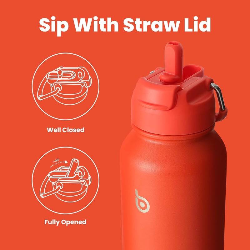 bottle bottle زجاجة زجاجة 40 أوقية زجاجة ماء رياضية من الفولاذ المقاوم للصدأ مع عازل زجاجة ماء مع قشة وحامل حبوب (برتقالي محمر) - Image 3
