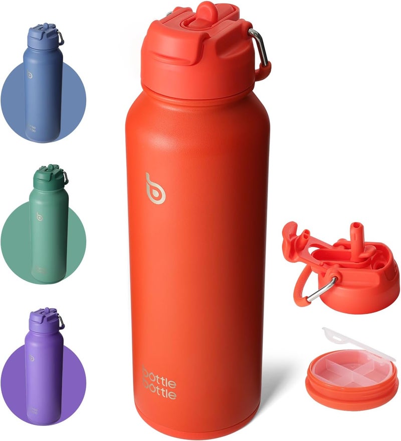 bottle bottle زجاجة زجاجة 40 أوقية زجاجة ماء رياضية من الفولاذ المقاوم للصدأ مع عازل زجاجة ماء مع قشة وحامل حبوب (برتقالي محمر) - Image 1