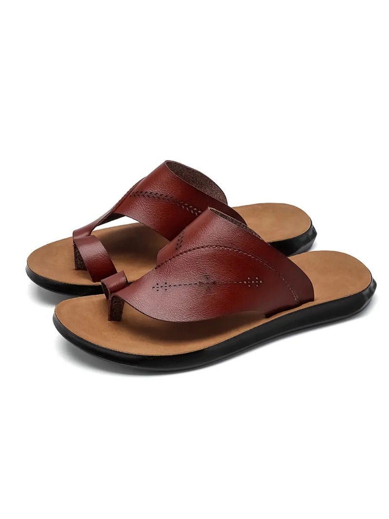 Men's Brown Toe-Loop Slide Sandals, Summer Casual Outdoor Slippers, Comfortable Beach & Daily Footwear (Sizes 40-43) - Image 1