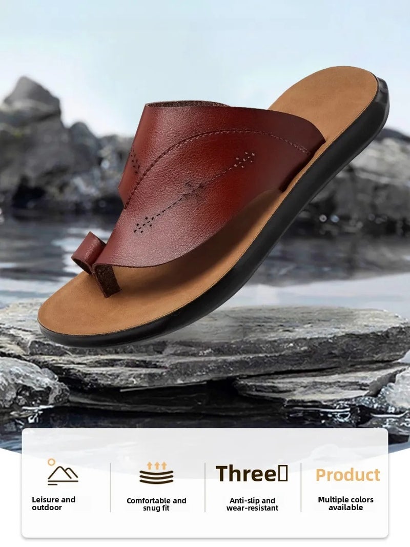 Men's Brown Toe-Loop Slide Sandals, Summer Casual Outdoor Slippers, Comfortable Beach & Daily Footwear (Sizes 40-43) - Image 2