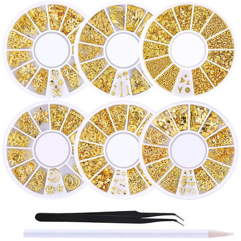 WOKOTO WOKOTO 6 Boxes Gold Nail Charms Studs Rose Star Moon Feather Shape Metal Nail 3D Charm Kit 3D Nail Art Jewelry Decoration With 1Pc Tweezers And Picker Pencil Tools