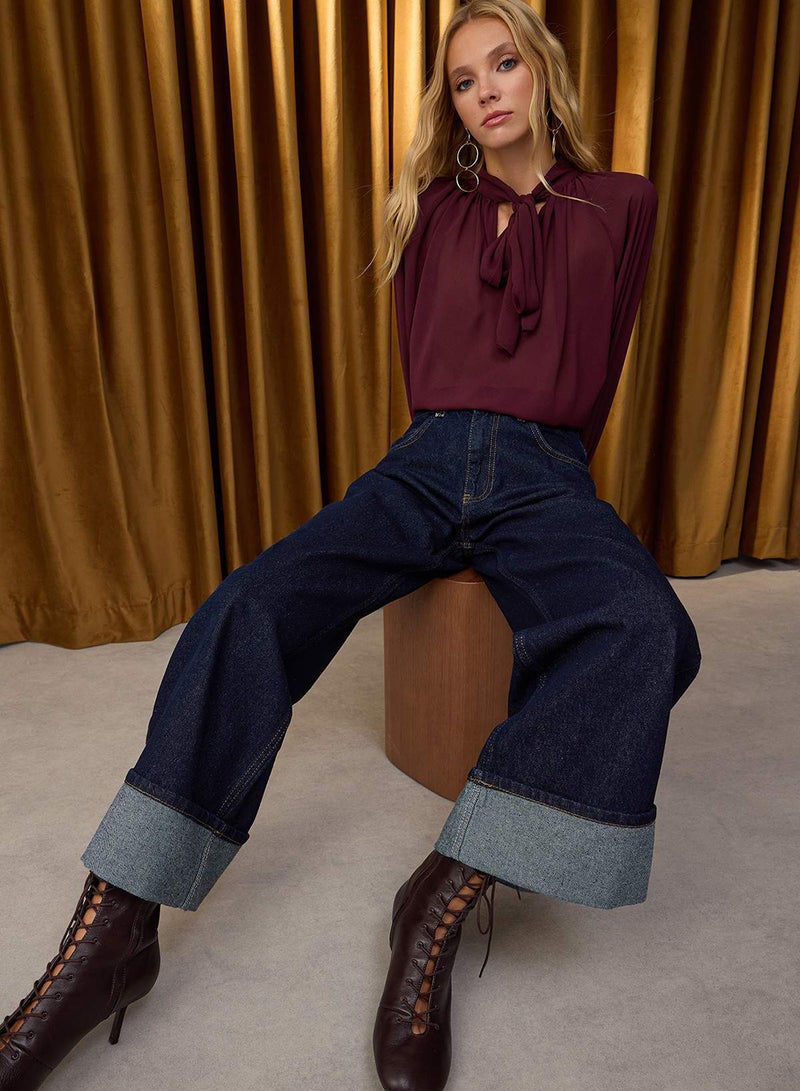 trendyol Special Collection Dark Blue Folded Hem Regular Waist Wide Leg Jeans - Image 1