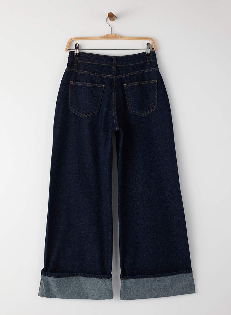 trendyol Special Collection Dark Blue Folded Hem Regular Waist Wide Leg Jeans - Image 5