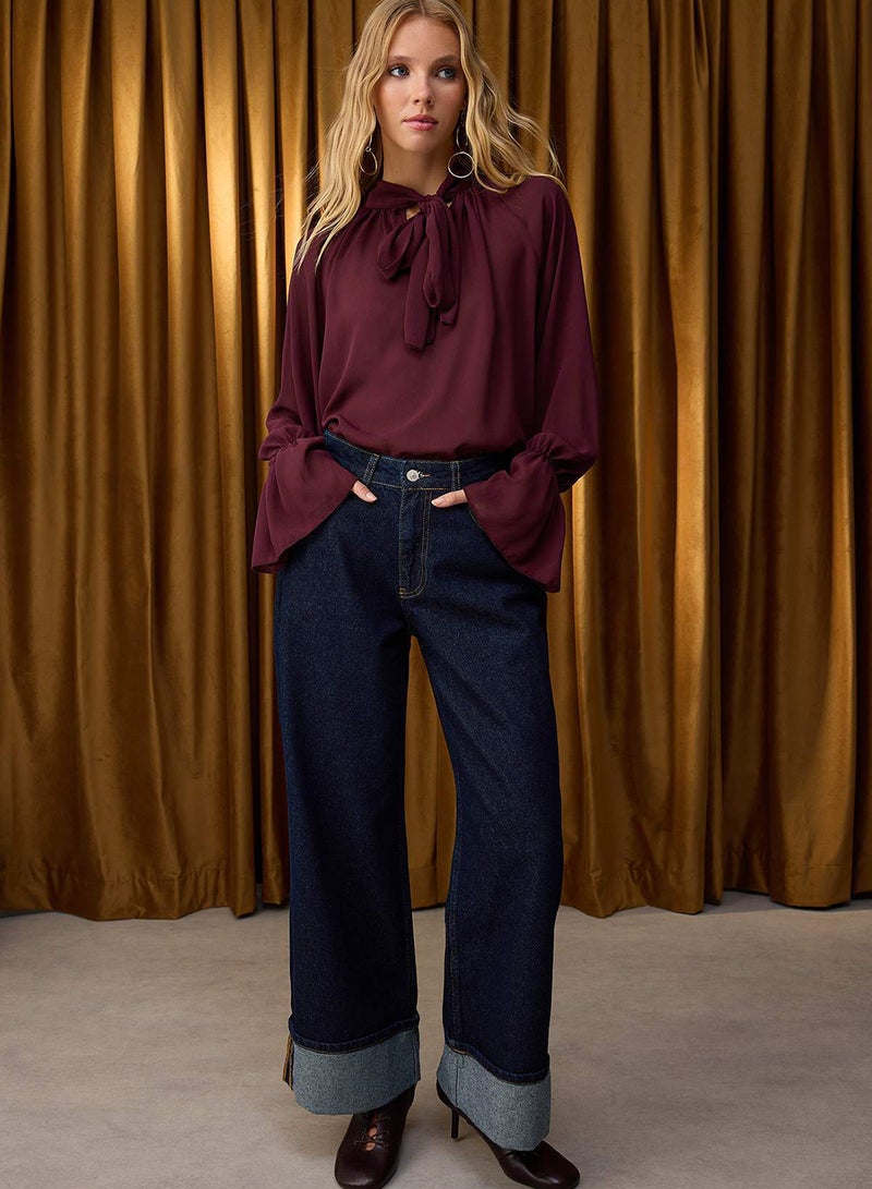 trendyol Special Collection Dark Blue Folded Hem Regular Waist Wide Leg Jeans - Image 2