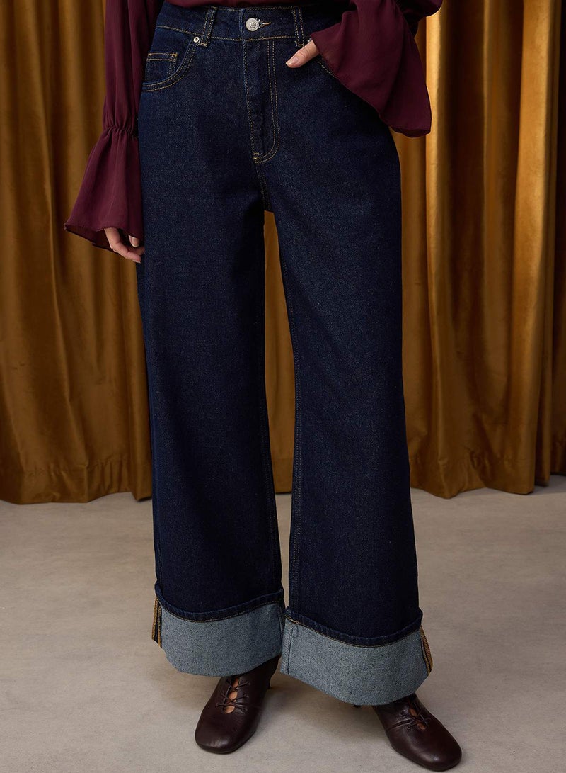 trendyol Special Collection Dark Blue Folded Hem Regular Waist Wide Leg Jeans - Image 3
