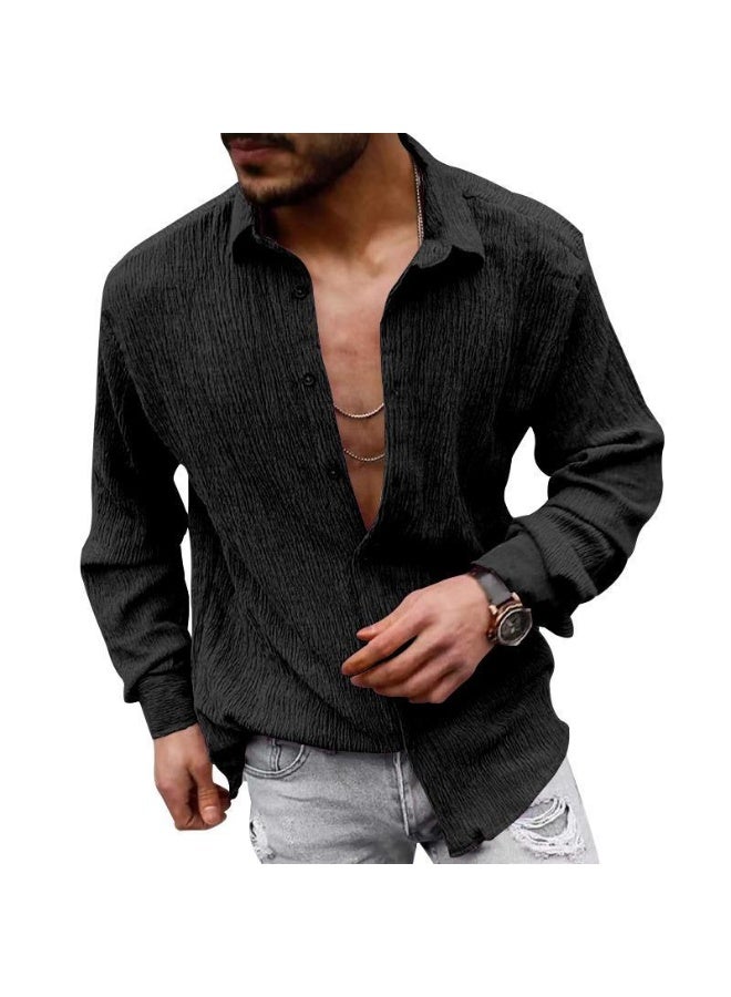 Loose Fit Large Size Pure Color Linen Long Sleeve Collared Casual Shirt for Men Comfortable Breathable Autumn Shirt  - Image 2