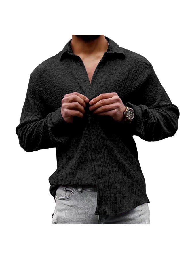 Loose Fit Large Size Pure Color Linen Long Sleeve Collared Casual Shirt for Men Comfortable Breathable Autumn Shirt  - Image 1