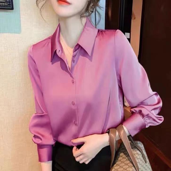 Heavy Satin Real Silk-like Shirt Womens 2022 Spring and Autumn New Style Shirt Western Style High-end Elegant High-end Top Rose Red