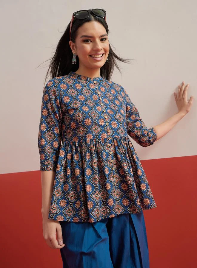 Sassafras Blue Geometric Peplum Top And Balloon Pants Co-Ord Set