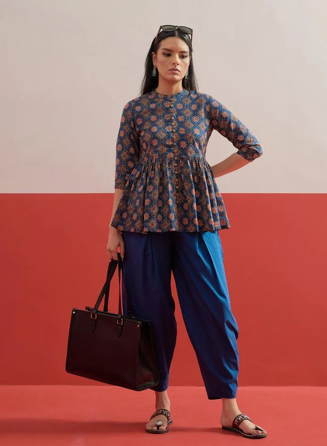 Blue Geometric Peplum Top And Balloon Pants Co-Ord Set
