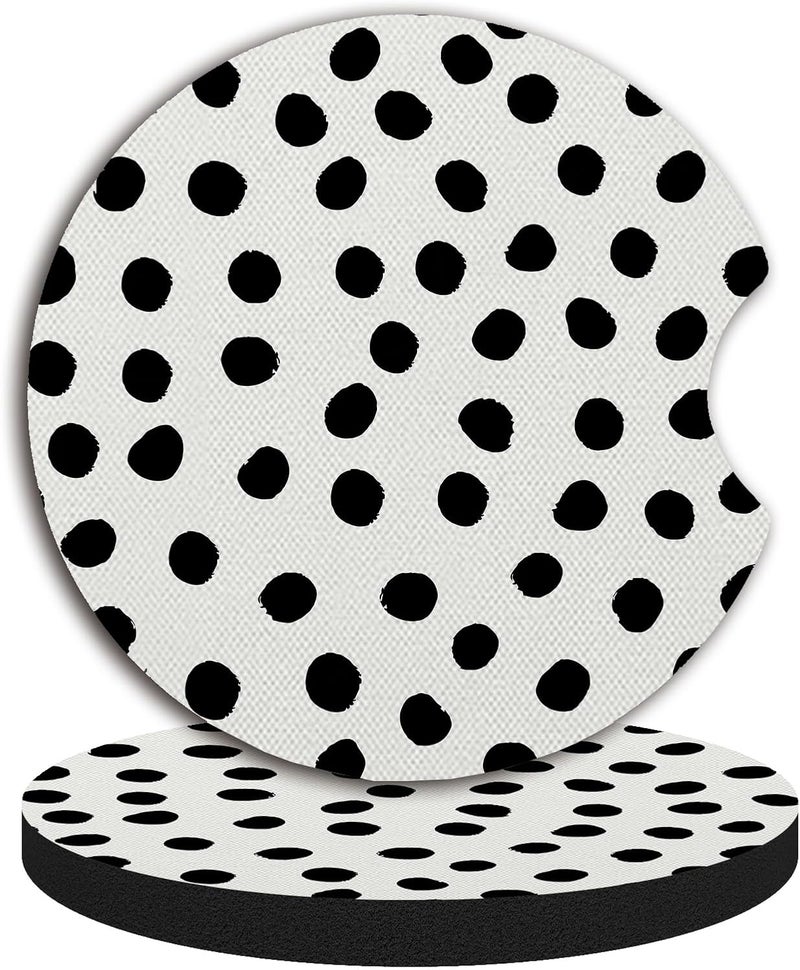 Adastrah Car Coasters for Cup Holders,Cute Car Accessories for Women Interior,Cute Auto Accessories Gifts Cute Black Polka Dot,Pack of 2 2.75inch Drink Cup Car Holder Coasters with A Finger Notch - Image 1
