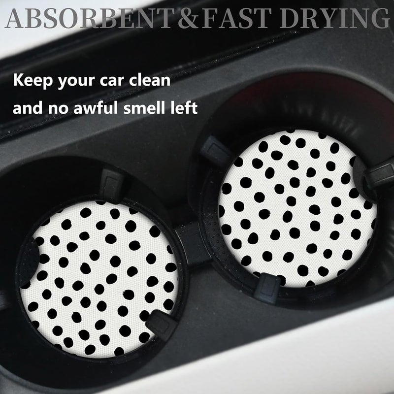 Adastrah Car Coasters for Cup Holders,Cute Car Accessories for Women Interior,Cute Auto Accessories Gifts Cute Black Polka Dot,Pack of 2 2.75inch Drink Cup Car Holder Coasters with A Finger Notch - Image 2