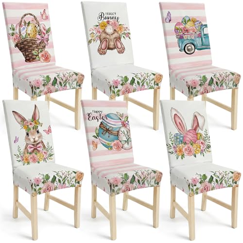 FuWeave Easter Bunny Chair Covers Set of 6 Cute Bunny Chair Back Covers with Floral Egg Designs Removable and Washable Stretch Cover for Room Kitchen Fits Most Standard Chairs - Image 1