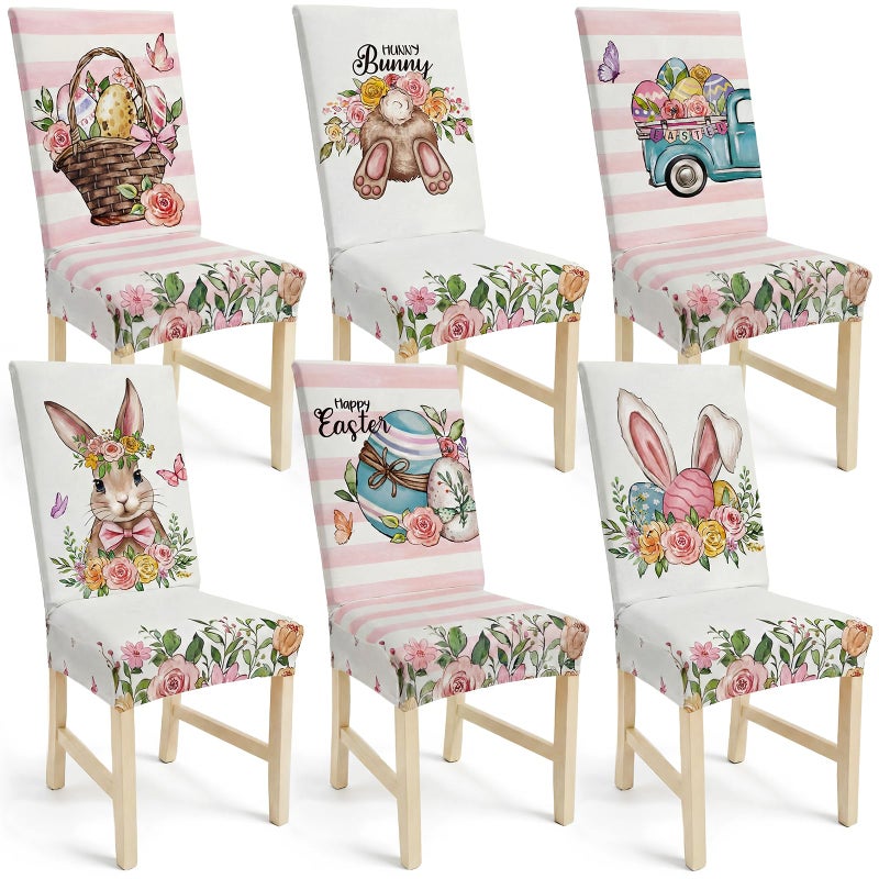 FuWeave Easter Bunny Chair Covers Set of 6 Cute Bunny Chair Back Covers with Floral Egg Designs Removable and Washable Stretch Cover for Room Kitchen Fits Most Standard Chairs - Image 2