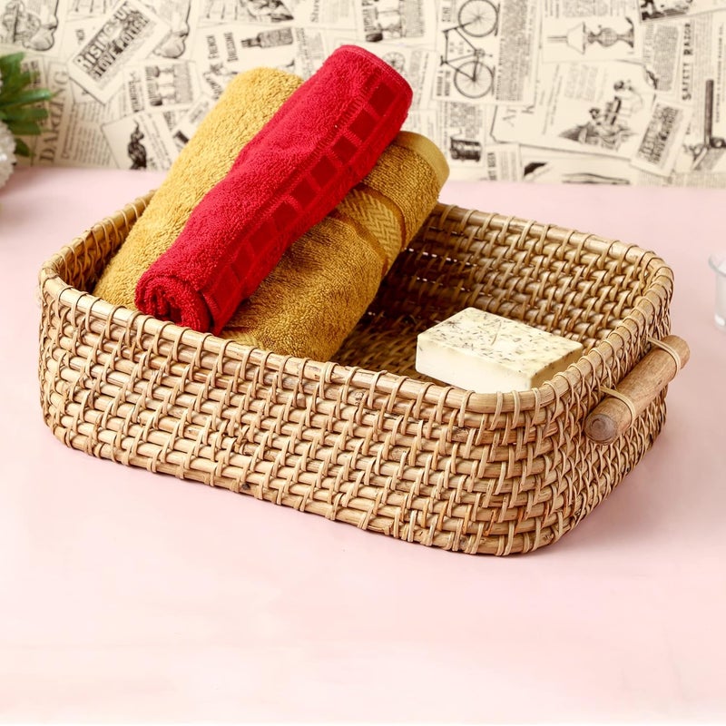 Akway AKWAY Wicker Basket Cloth Rectangular Storage Basket Bin Organizer For Toiletry Cosmetic Towels Toys Bathroom Organizer Bamboo Basket(Natural; 14 L X 11 W X 4 H Inches) (Beige)(Rattan;Brass)  - Image 1