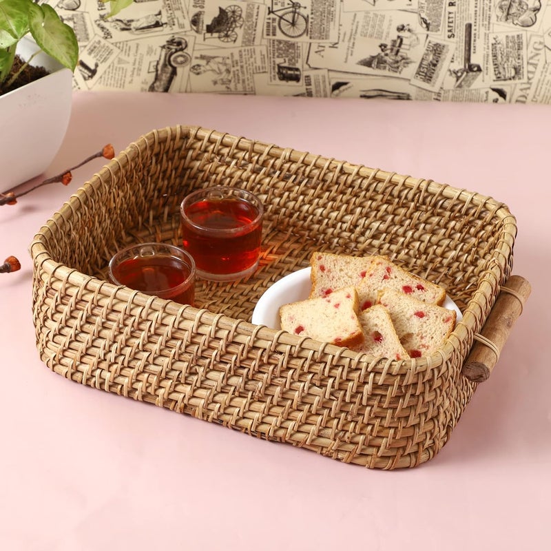 Akway AKWAY Wicker Basket Cloth Rectangular Storage Basket Bin Organizer For Toiletry Cosmetic Towels Toys Bathroom Organizer Bamboo Basket(Natural; 14 L X 11 W X 4 H Inches) (Beige)(Rattan;Brass)  - Image 2