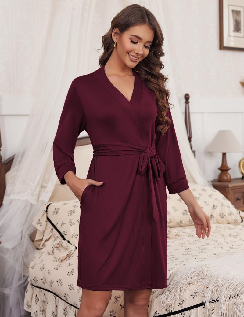 HOTOUCH Women's Robes Short Soft Lightweight Bathrobe Jersey Knit Postpartum Robe Burgundy S - Image 2