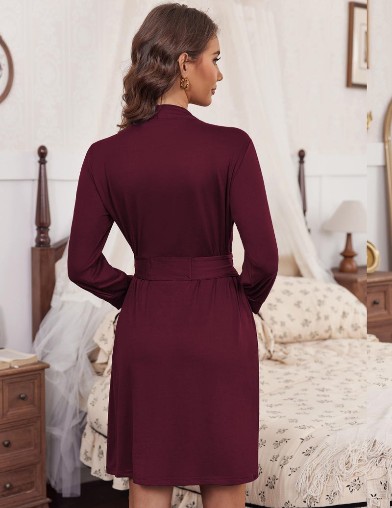 HOTOUCH Women's Robes Short Soft Lightweight Bathrobe Jersey Knit Postpartum Robe Burgundy S - Image 5