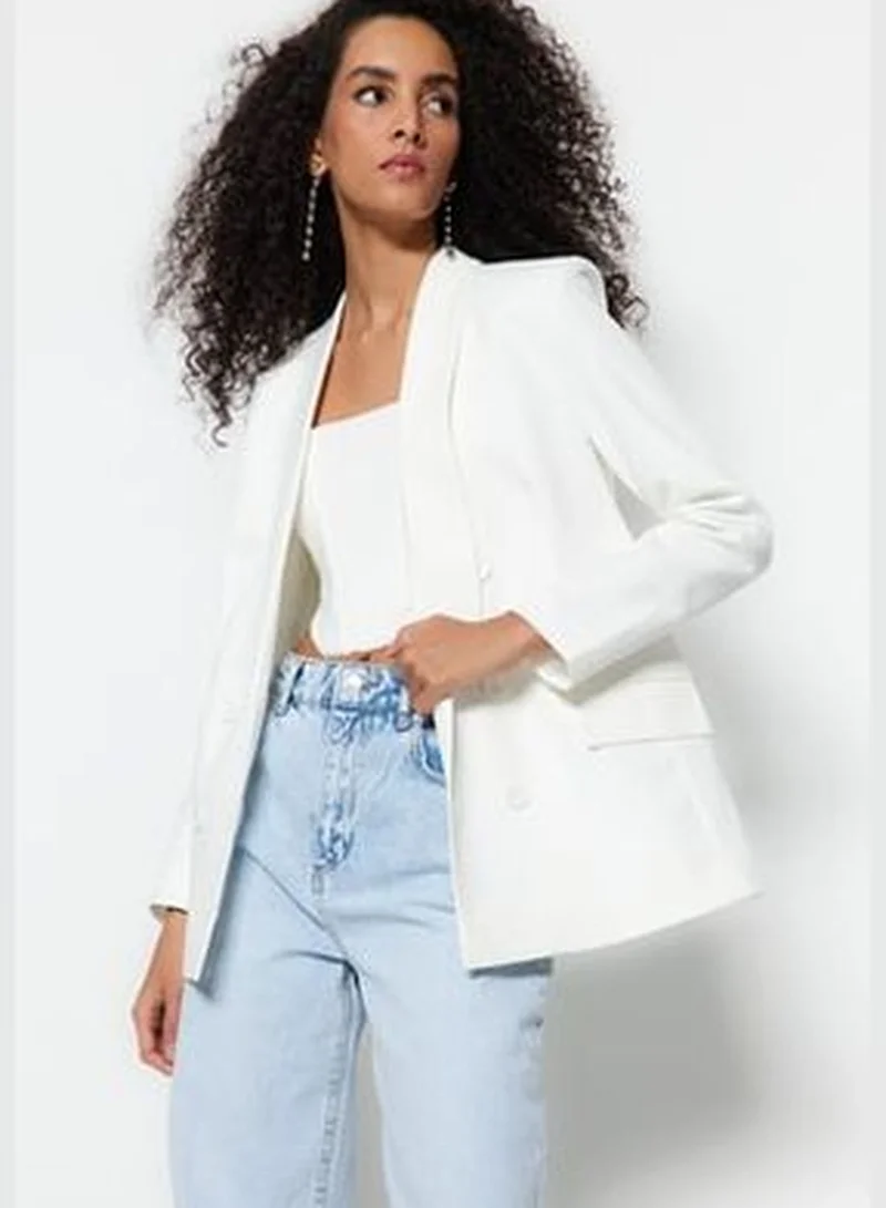 trendyol Ecru Regular Lined Double Breasted Blazer with Closure TWOSS23BC00106