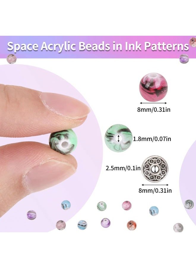 Quefe 500pcs Craft Beads for Jewelry Making, for Bracelets Making,Space Acrylic Beads in Ink Patterns with 50pcs Spacer Beads and Crystal String (8mm) - Image 2