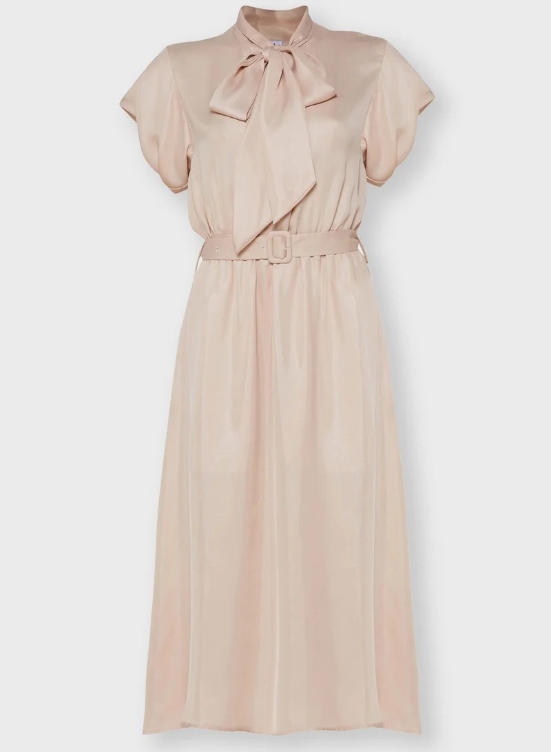 ELLA Tie Neck Belted Midi Dress